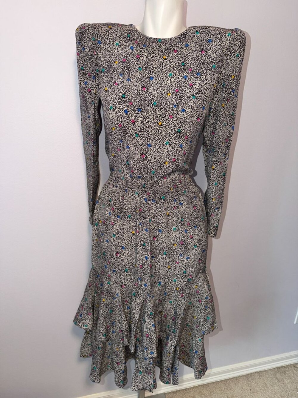 Vintage 80s Silk Studio Skirt Blouse Set 100% Silk Confetti Print Ruffle 2 Piece - Picture 2 of 8